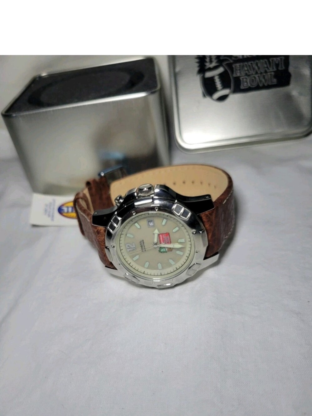 Vintage SHERATON HAWAII BOWL FOSSIL WATCH PR-5066 BROWN LEATHER BAND
